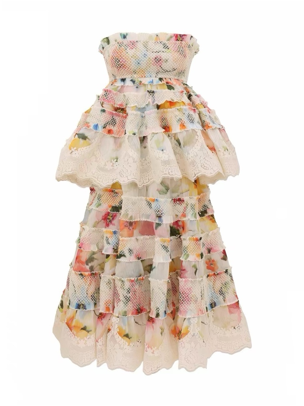 Luxury Alchemy Stirred Tiered Lace Midi Dress in Cream and Multicolor